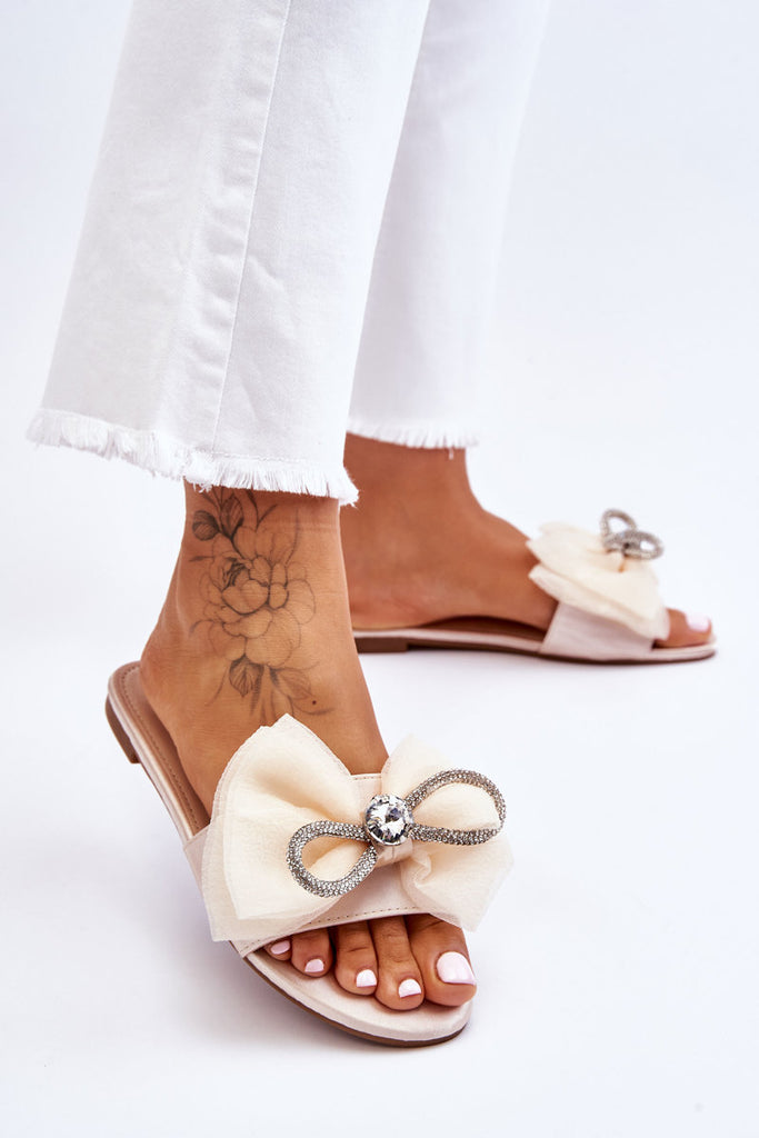 Šlepetės With Bow And Rhinestones Beige Jolene